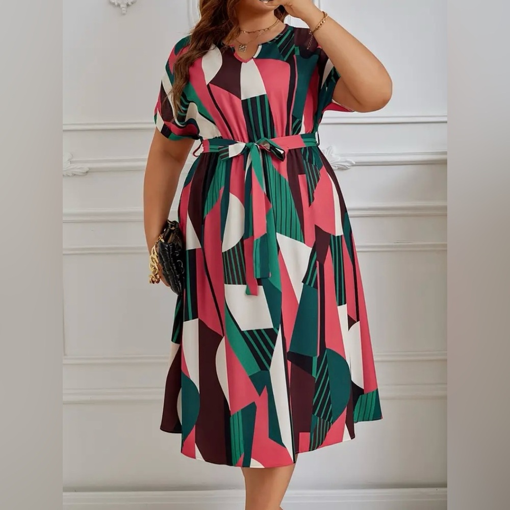 Temu Geo Print Tie Waist Dress 3XL - Picture 2 of 6